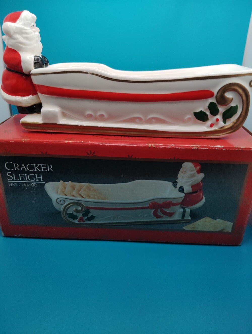 Cracker Sleigh Ceramic Holiday Serving Dish - White & Red Vintage